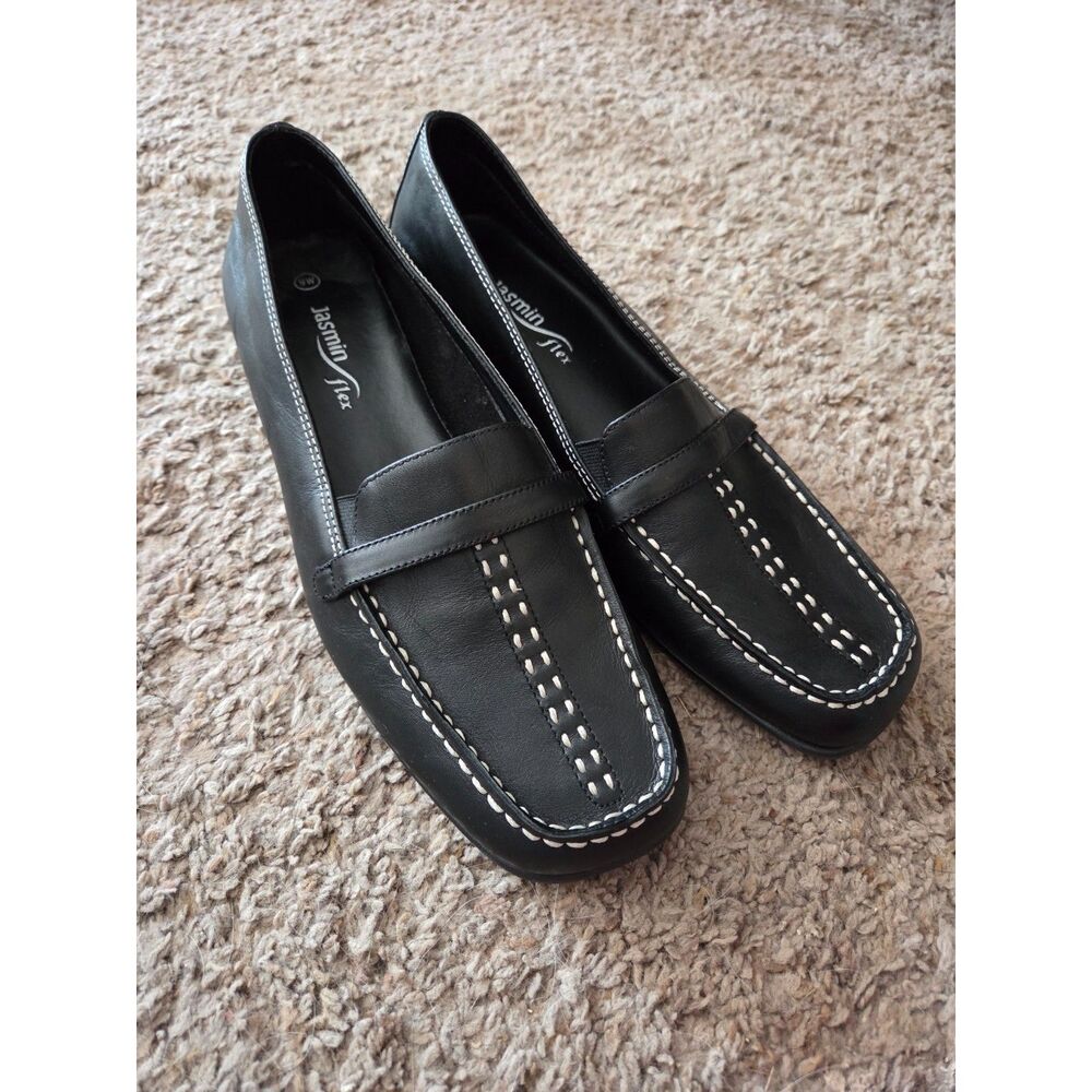 Jasmin Flex Black Leather Contrast Stitch Loafers Comfort Slip-On Shoes